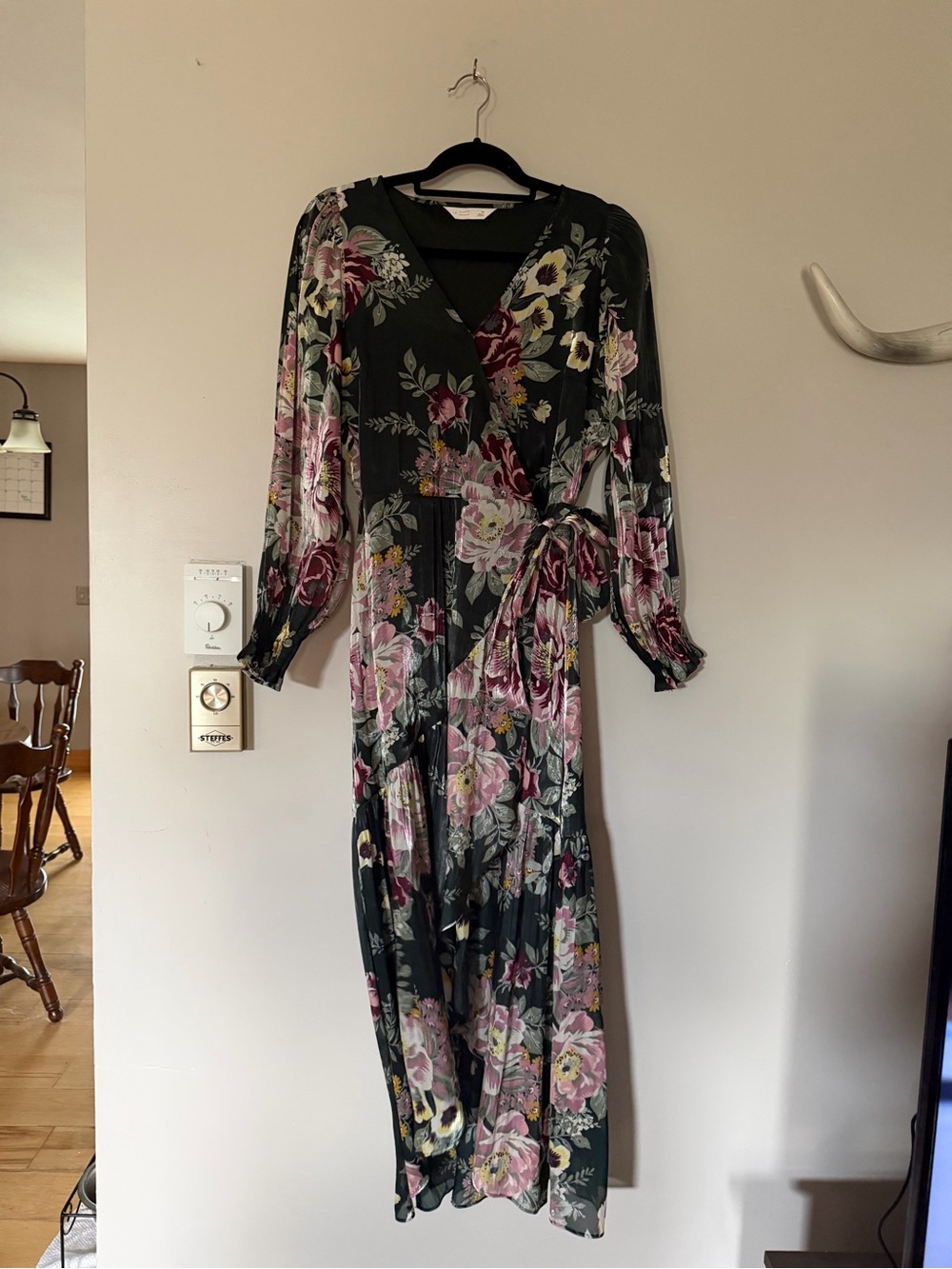 LC Lauren Conrad Dark Green Floral Wrap Maxi Dress with Pink Blooms